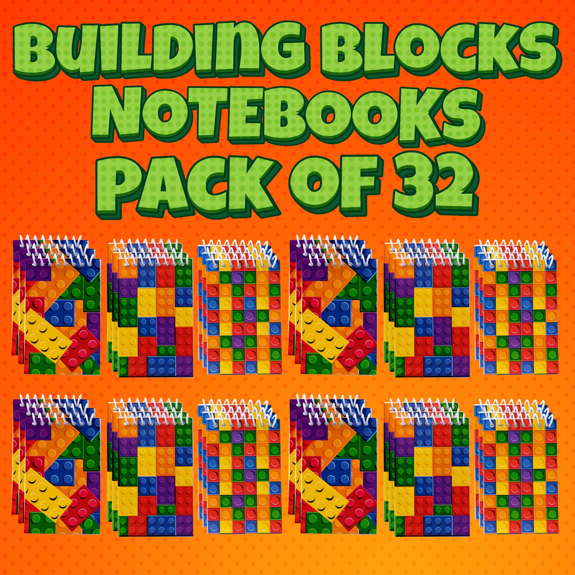 Mini Building Block Notebooks (Bulk of 32) Spiral Notepads In Assorted Brick Styles, Mini Notebook For Kids Pocket Size, For Birthday Party Favors, Goodie Bag Stuffers, Children Classroom Rewards