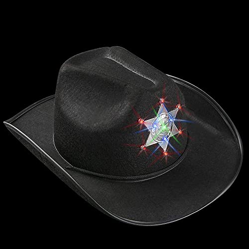Bedwina Black Sheriff Hats (2-Pack) Sheriff Cowboy Light Up Hat with Blinking Badge and Neck Draw String, Fit for Kids Boys and Girls, for Dress-Up Parties and Play Costume