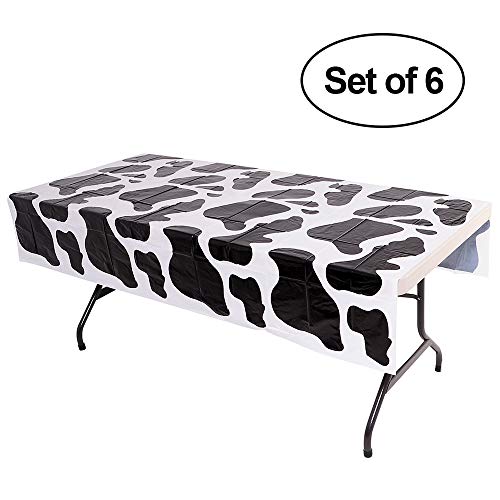 Cow Print Tablecloth (Pack of 6) 54 x 72 Inch Tablecloths for Farm Animal Themed Parties, Birthday Party Supplies and Picnic Table Covers, (Black and White)