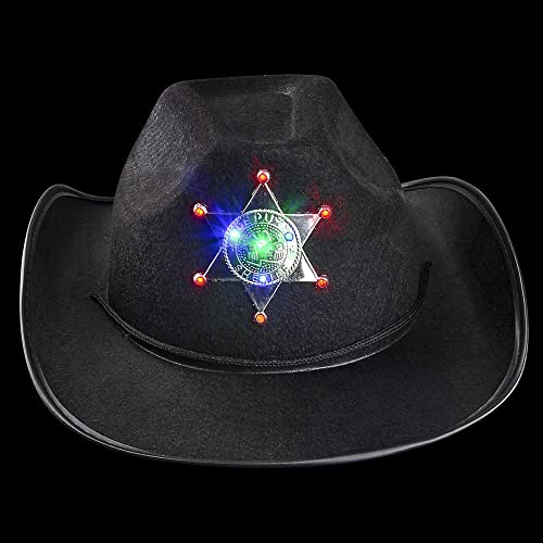 Bedwina Black Sheriff Hats (2-Pack) Sheriff Cowboy Light Up Hat with Blinking Badge and Neck Draw String, Fit for Kids Boys and Girls, for Dress-Up Parties and Play Costume