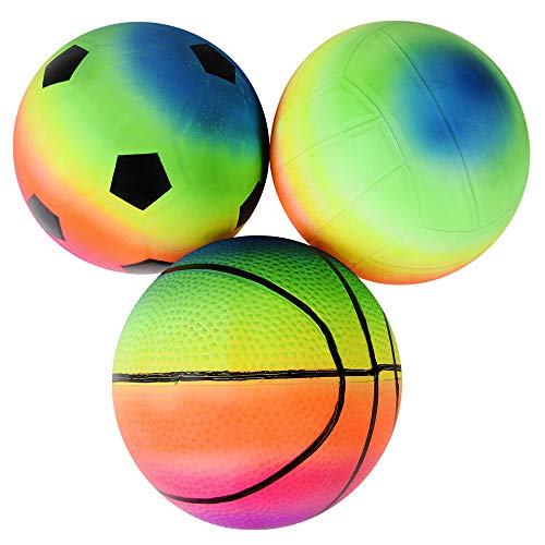 Rainbow Sports Balls - 6 Inch (Pack of 4) Inflatable Vinyl Balls for Kids and Toddlers with Added Hand Air Pump, Neon Basketball, Soccer Ball, and Volleyball for Playground, Indoor and Outdoor Use