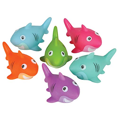 Bedwina Colorful Rubber Sharks (Pack of 12) Neon Squeezable & Squirtable Smiling Sharks, for Kids Pool and Bathtub Play, Summer Birthday Parties, Stocking Stuffers & Decorations