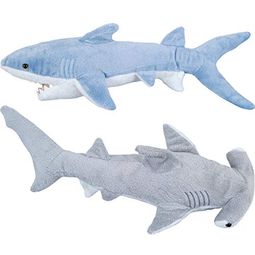 Stuffed Animal Sharks - Pack of 2 Large, 14 inch Mako & 13 inch Hammerhead Plush Shark Toys, Stuff Animals Toy, for Baby Toddlers & Kids by Bedwina