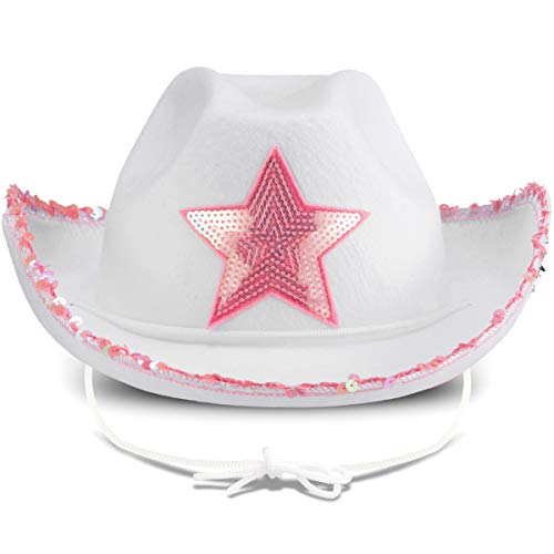 Bedwina White Cowgirl Hat (Pack of 2) Felt Princess Hat with Pink Sequin Star, Neck Draw String, for Dress-Up Parties and Play Costume, Fits for Most Girls and Women