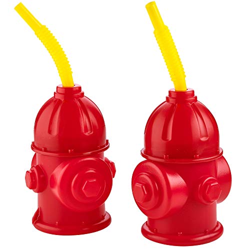 Straw Fire Hydrant Cups with Lids - (Pack of 4) Reusable 12 oz, Red Plastic Fire Truck Party Supplies Cups and Firefighter Birthday Party Favors for Kids by Bedwina
