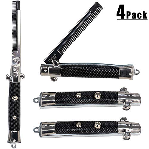 SwitchBlade Comb - (Pack of 4) Stainless Steel Novelty Switch Folding Pocket Combs Set Flick Comb for Hair, Beard or Mustache, Stocking Stuffers