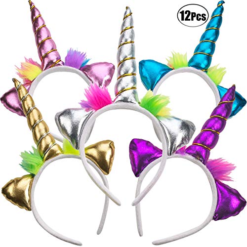 Unicorn Headband - (Pack of 12) Unicorn Headbands for Girls, Party Favors and Rainbow Unicorn Birthday Party Supplies for Kids, Sparkling and Flexible Horn Hair Accessory By Bedwina