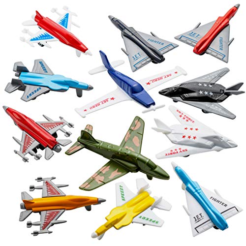 Airplane Toys - 12 Pack Vehicle Aircraft Plane Playset, Includes Styles of Bomber, Military, F-16 Fighter Jets, for Birthday Party Favor Toys, for Kids Boys and Girls