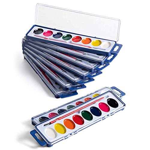 Watercolor Paint Sets for Kids - Bulk Pack, 8 Washable Water Color Paints in Palette Tray and Painting Brush for Coloring, Art, Party Favors, Classrooms and Paint Party Supplies