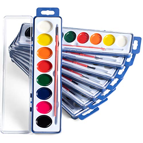 Watercolor Paint Sets for Kids - Bulk Pack, 8 Washable Water Color Paints in Palette Tray and Painting Brush for Coloring, Art, Party Favors, Classrooms and Paint Party Supplies