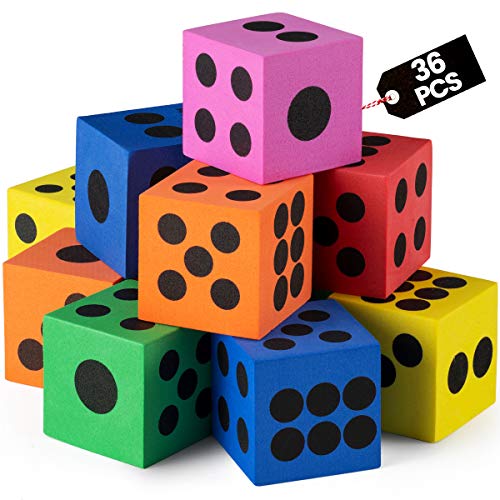 Foam Dice Set - Bulk Pack of 36, 1.5 Inch Large Assorted Colorful Foam Dice Cubes with Number Dots, Use for Kids, Classrooms, Math Games, Building Toys, Party Supplies by Bedwina