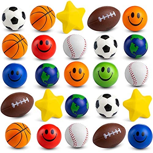 Bulk Mini Stress Balls (25 Pack) 2-3 Inch Soft Squeezable Sensory Fidget Balls, in a Variety of Shapes and Colors, for Kids Party Favors, Birthday Gifts for Boys & Girls