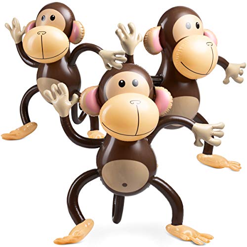 Large Inflatable Monkey (Pack of 3) 27-Inch Monkeys for Baby Shower, Safari, Jungle Themed Birthdays, Blow Up Animal Party Favors and Decorations for Kids and Toddlers