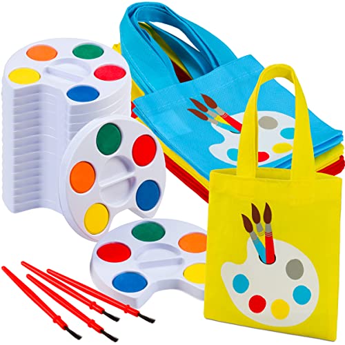 Mini Watercolor Kids Paint Party Favors with Canvas Tote Bags - 24-Pack Bulk Art Birthday Party Supplies for Kids, 5 Color Paint Pallets - (12) Mini Paint Sets & (12) Artist Goodie Bags
