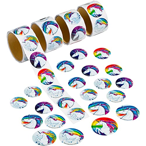 400 Unicorn Stickers - 1.5" Round Rainbow Unicorns Sticker Rolls, 4 Rolls 100 Stickers Each Roll in Bulk, for Girls & Kids, Unicorn Themed Birthday Party Favors, Goodie Bags & Carnivals