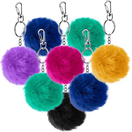 Pom Pom Keychains for Party Favors - Pack of 12 Bulk - Fuzzy 3 Inch Clip-On Key Chain Fur Balls in Assorted Colors, Soft Fluffy Fur Pompoms Balls for Prizes, Small Toys, Goodie Bags, Girls and Kids