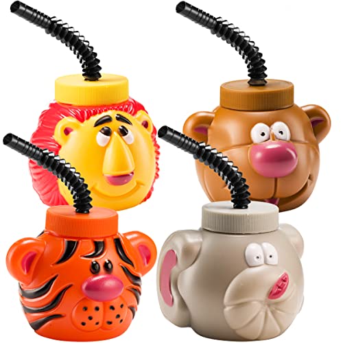 Zoo Animal Cups with Straw & Lid - Pack Of 4 - Assorted Zoo Characters, Plastic, Reusable, 14 Oz Party Cup for Safari, Jungle, Baby Shower Themed, Birthday Party Favors, Goody Bags, for Kids
