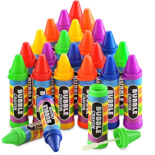 Crayon Bubbles for Kids - (Pack of 24) Bulk Bubble Wand Bottles in Assorted Crayons Shapes and Colors - Non-Toxic Blowing Bubbles Party Favors for Kids and Toddlers, Outdoor Novelty Summer Toy