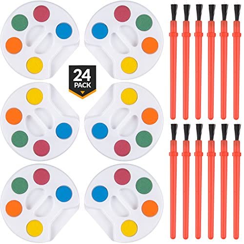 Mini Watercolor Kids Paint Set - (Bulk Pack of 24) - 5 Water Color Paints, Palette Tray and Painting Brush, for Art Party Favors, Kids Prizes, Stocking Stuffers and Paint Party Supplies