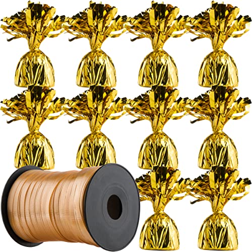 5.5" Gold Balloon Weights Pack of (12) - Metallic Wrapped Foil Balloon Weights Anchor and Balloon Holders for Table, Birthday Party Decorations, Centerpiece and (1) Gold Curling Ribbon Roll
