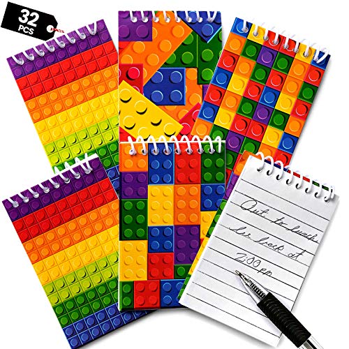 Mini Building Block Notebooks (Bulk of 32) Spiral Notepads In Assorted Brick Styles, In Kids Pocket Size, For Birthday Party Favors, Goodie Bag Stuffers, Children Classroom Rewards, By Bedwina