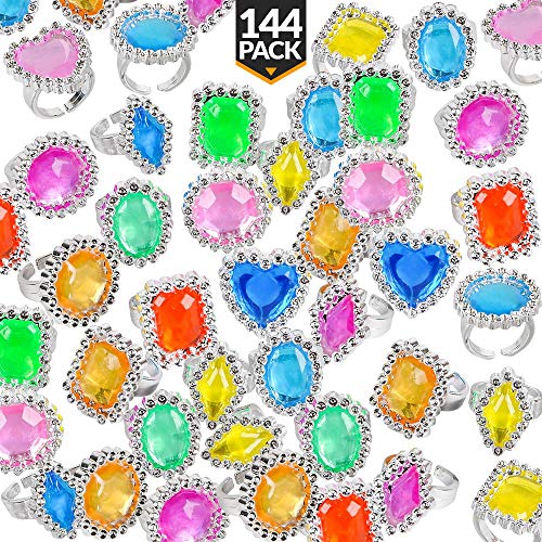 Plastic Rings - (144 Pieces) Bulk Plastic Rings for Bridal Shower, Pirates and Mermaids Treasure, Birthday Parties, Bachelorette, Goodie Bags and Prizes, Adjustable Jewel Sparkle Rhinestone Rings