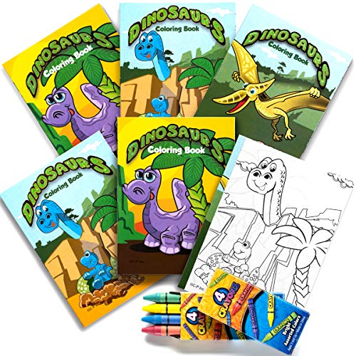 Mini Dinosaur Coloring Books for Kids Party Favor Set - Bulk Pack of 24 with 8 Packs of 4 Color Crayons (Total of 32) Dino Party Favors Coloring Book Designs for Themed Birthday, Goody Bag Filler