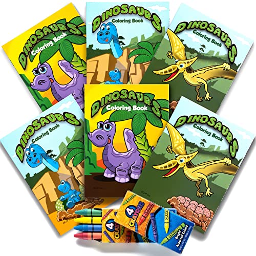 Mini Dinosaur Coloring Books for Kids Party Favor Set - Bulk Pack of 24 with 8 Packs of 4 Color Crayons (Total of 32) Dino Party Favors Coloring Book Designs for Themed Birthday, Goody Bag Filler