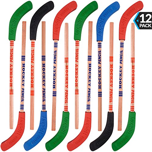 Hockey Pencils and Erasers - (Pack of 12) Bulk 9 Inch Hockey Stick Sports Theme Party Supplies, Fun Cool Pencils for Hockey Fans, Students, Stocking Stuffers and Goodie Bag Birthday Party Favors